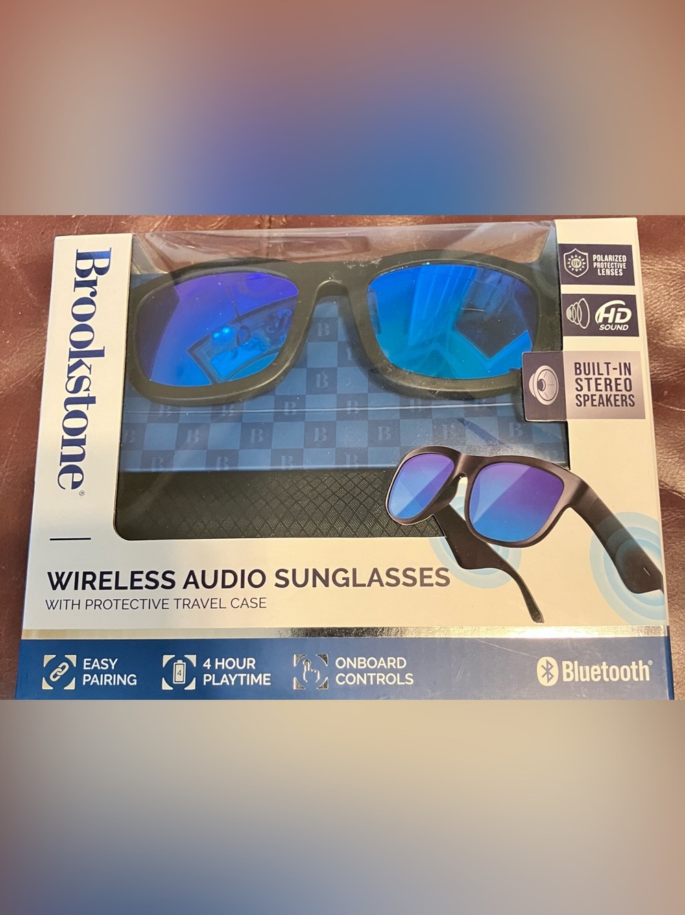Brookstone Black Frame Blue Mirrored Bluetooth Audio Sunglasses
